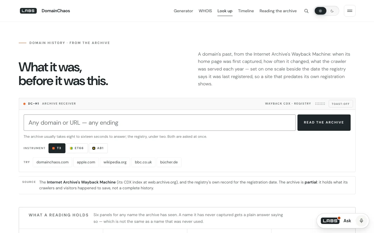 The labs.llc Domain history page: the headline “What it was, before it was this.”, a box for any domain or URL with a Read the archive button, example names, and a source note naming the Wayback Machine's CDX index and the registry's own record.