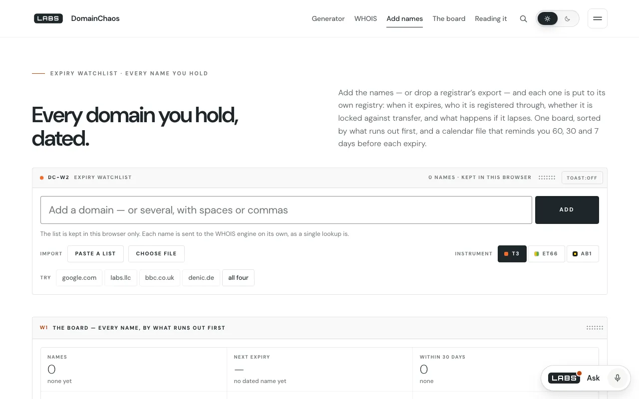 The labs.llc Expiry watchlist page: the headline “Every domain you hold, dated.”, a box to add one or several domains, buttons to paste a list or choose a file, and an empty board with counters for names, next expiry and names due within 30 days.