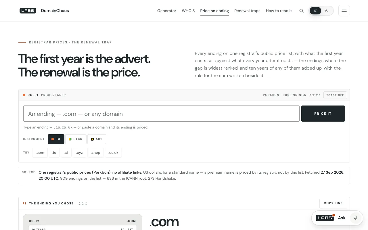 The labs.llc Registrar prices page: the headline “The first year is the advert. The renewal is the price.”, a box to price an ending, example endings, and a source note naming Porkbun's public prices, no affiliate links, 909 endings with 636 in the ICANN root.