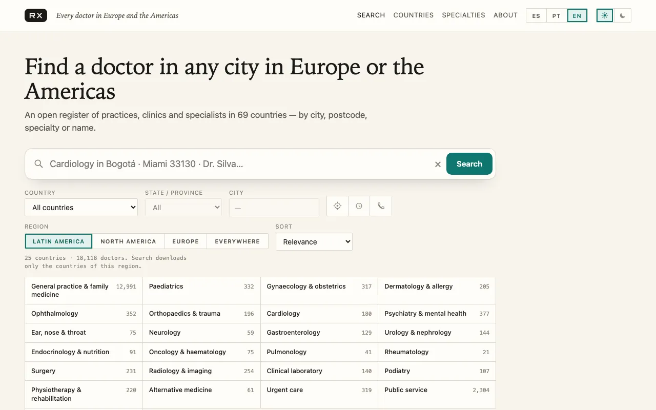 The RX doctor search on labs.llc: the headline “Find a doctor in any city in Europe or the Americas”, a search box with examples such as Cardiology in Bogotá, country, state and city filters, region tabs, and a grid of specialties with practice counts.