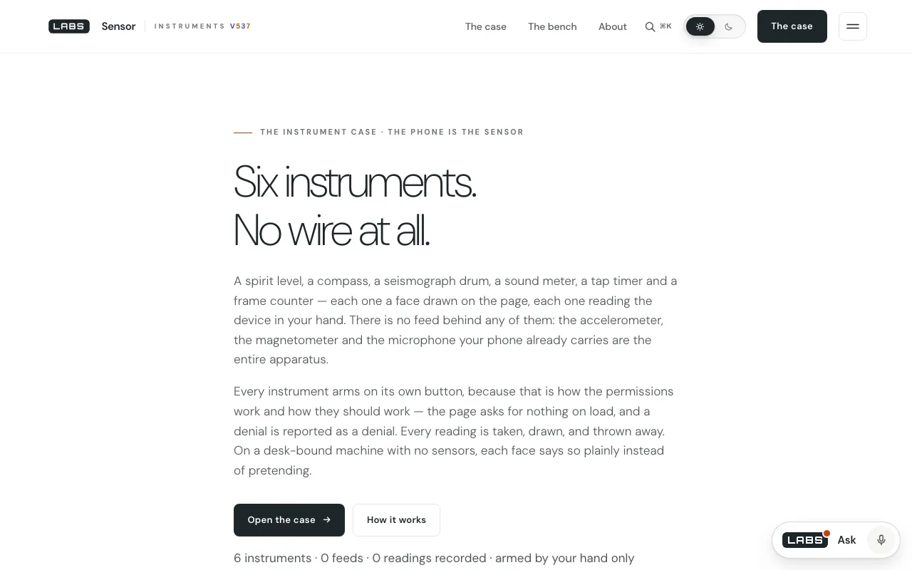 The labs.llc Sensor page: the headline “Six instruments. No wire at all.”, text describing a spirit level, compass, seismograph drum, sound meter, tap timer and frame counter, and a line reading 6 instruments, 0 feeds, 0 readings recorded, armed by your hand only.