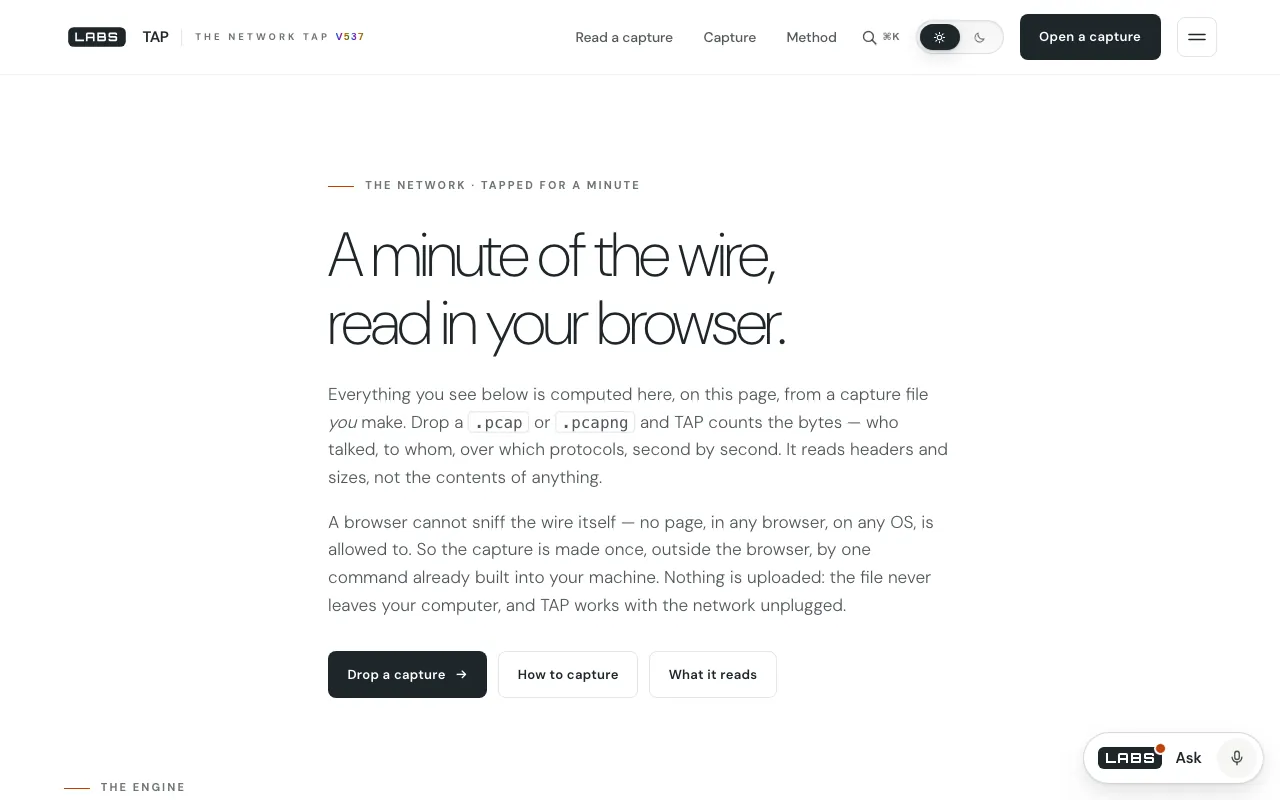 The labs.llc TAP page: the headline “A minute of the wire, read in your browser.”, text explaining that the page reads a .pcap or .pcapng capture you make, counting headers and sizes and uploading nothing, with Drop a capture, How to capture and What it reads buttons.