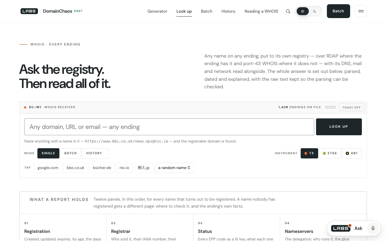 The labs.llc WHOIS page: the headline “Ask the registry. Then read all of it.”, one search box for any domain, URL or email, buttons for single, batch and history modes, example names to try, and the first panels of what a report holds.
